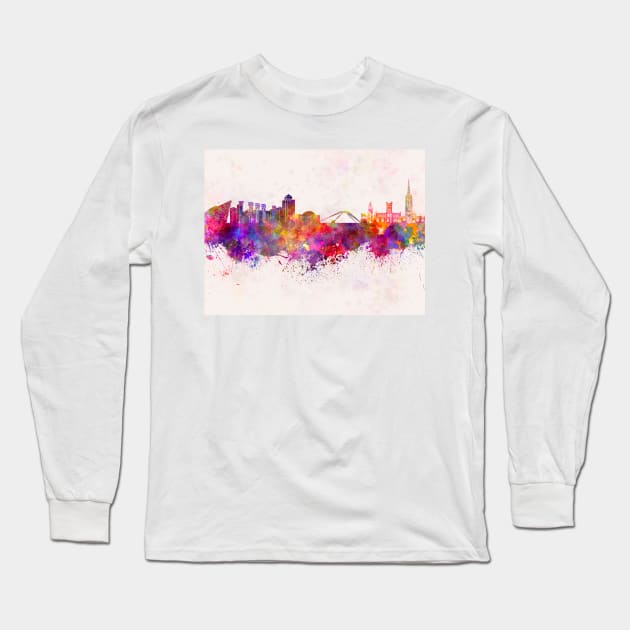 Coventry skyline in watercolor background Long Sleeve T-Shirt by PaulrommerArt